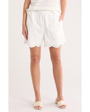 Nicole Miller Embroidered Eyelet Cotton Pull-On Shorts - White