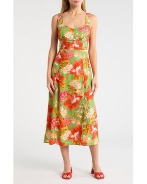 Vince Camuto Floral Print Cotton Poplin Midi Dress - Orange