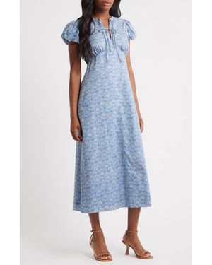 Charles Henry Damask Floral Cotton Midi Dress - Blue