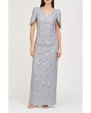 JS Collections Elena Floral Embroidered Column Gown - Gray