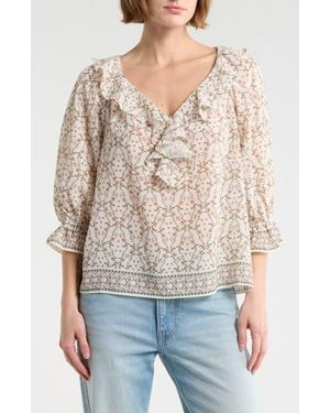 Max Studio Ruffle Front Floral Top - Natural