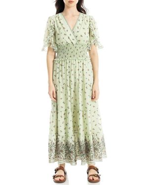 Max Studio V-Neck Flutter Sleeve Smocked Waist Maxi Dress - Green