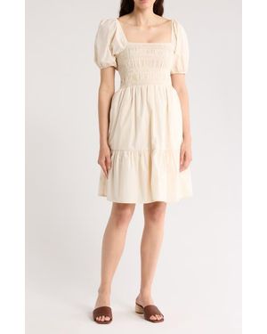 Eliza J Puff Sleeve Smocked Fit & Flare Dress - Natural