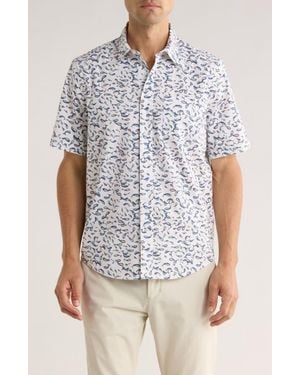 14th & Union Print Short Sleeve Stretch Poplin Button-Up Shirt - White