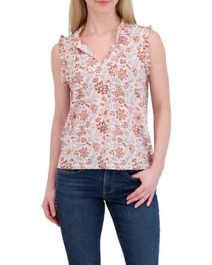 Lucky Brand Ruffle Split Neck Cotton Blend Tank - Red