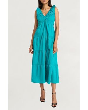 The Good Journey Ruffle Strap Empire Waist Tiered Cotton Midi Dress - Blue