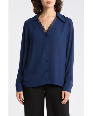 Gemma  Jane V-Neck Lace Trim Button-Up Shirt - Blue