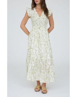 AUGUST SKY Floral Cap Sleeve Smocked Fit & Flare Midi Dress - White