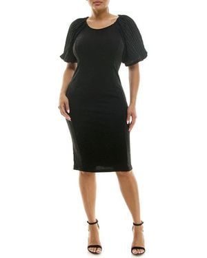 Nina Leonard Pleated Puff Sleeve Glitter Sheath Dress - Black