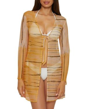 Becca Tie Front Long Sleeve Sheer Mesh Cover-Up - Brown