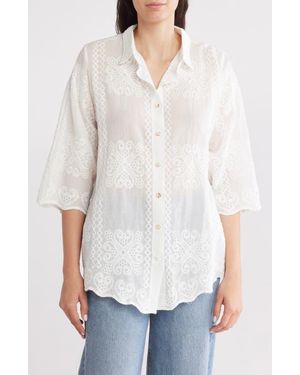 Forgotten Grace Floral Embroidered Three-Quarter Sleeve Cotton Button-Up Shirt - White