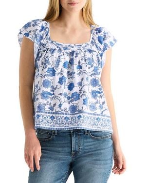 Lucky Brand Mix Media Ruffle Top - Blue