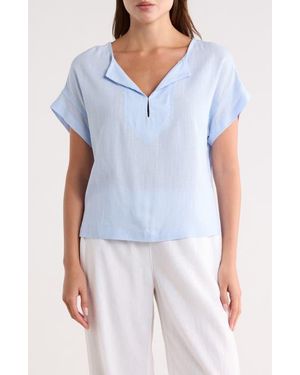 Max Studio Split Neck Short Sleeve Top - Blue