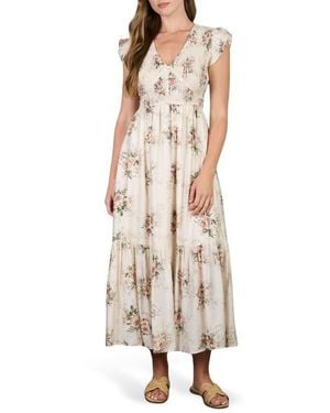 AUGUST SKY Floral Smocked Midi Dress - Natural