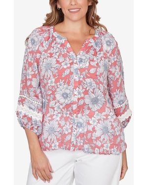 Ruby Rd. Floral Three-Quarter Sleeve Button-Up Top - Red
