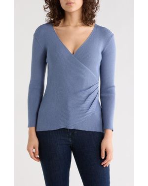 Max Studio Three-Quarter Sleeve Faux Wrap Sweater - Blue