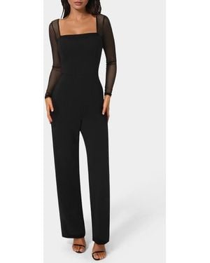 Bebe Square Neck Mesh Long Sleeve Jumpsuit - Black