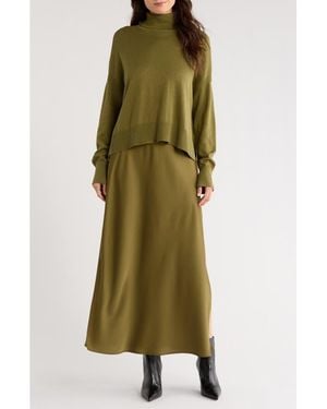 Halogen® Turtleneck Sweater & Satin Slipdress Set - Green