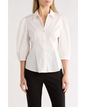 Gemma  Jane Three-Quarter Sleeve Pleated Waist Button-Up Shirt - White