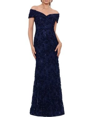 Xscape Evenings Off The Shoulder Embroidered Gown - Blue