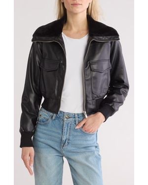 Vigoss Faux Fur Collared Faux Leather Dad Bomber Jacket - Black