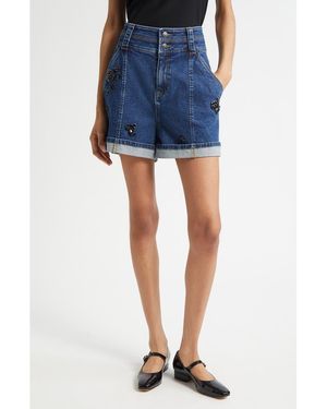 Cinq À Sept Embellished Cuffed Denim Shorts - Blue