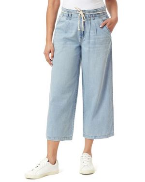 Kensie Pleat Front Crop Wide Leg Drawstring Jeans - Blue