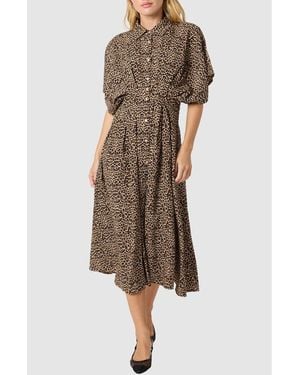 Lush Button Front Pleated Midi Dress - Brown