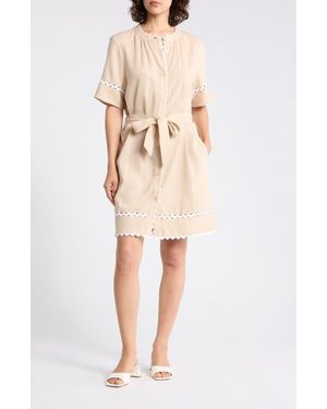 Ellen Tracy Rickrack Trim Short Sleeve Shirtdress - Natural