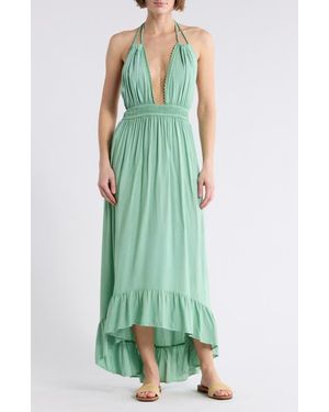 Boho Me Open Back Plunge Neck Ombré Halter Dress - Green