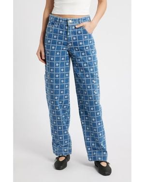 Damson Madder Embroidered Straight Leg Organic Cotton Jeans - Blue