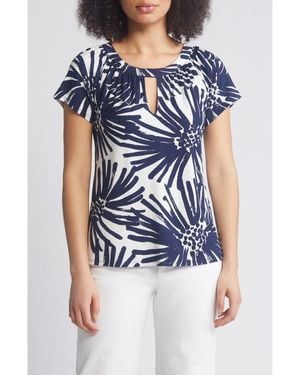 Loveappella Floral Keyhole Short Sleeve Jersey Top - Blue