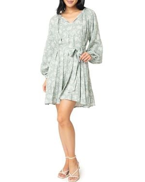 Gibsonlook Print Tie Waist Long Sleeve Dress - Blue
