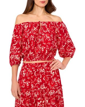 1.STATE Off The Shoulder Puff Sleeve Tie Front Crop Top - Red