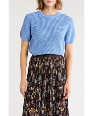 Adrianna Papell Ribbed Crewneck Short Sleeve Sweater - Blue