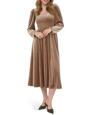 AUGUST SKY Long Sleeve Smocked Velvet Midi Dress - Natural