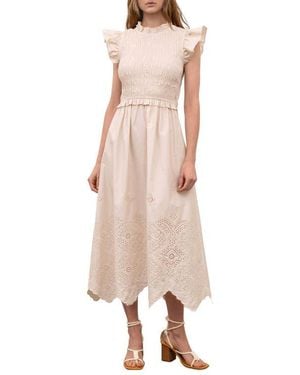 Moon River Ruffle Eyelet Smocked Stretch Cotton Dress - Pink