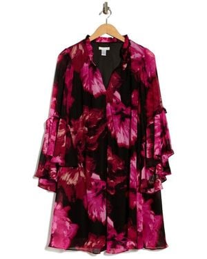 London Times Floral Long Sleeve A-Line Dress - Red