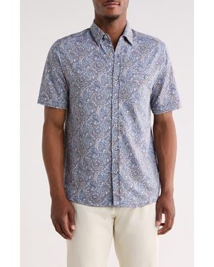 Nicoby Birdseye Paisley Short Sleeve Button-Up Shirt - Blue