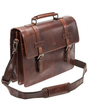 Mancini Double Compartment Flap Leather Briefcase - Brown
