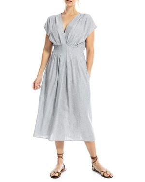 strapless open back dress BANDEAU PLEATED MIDI DRESS IN BLUE- BELLA GALVAN