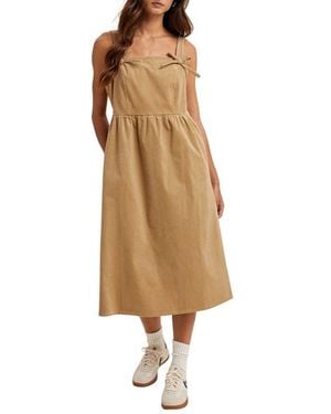 Wishlist Corduroy Bow Strap Overalls Midi Dress - Natural