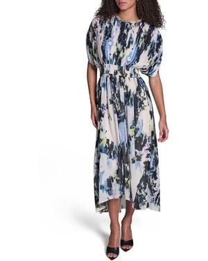 BCBGMAXAZRIA Abstract Print Plissé Chiffon Midi Dress - Blue