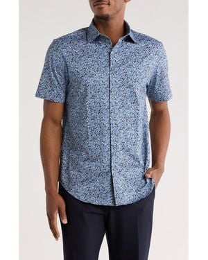 Bugatchi Print Short Sleeve Button-Up Shirt - Blue