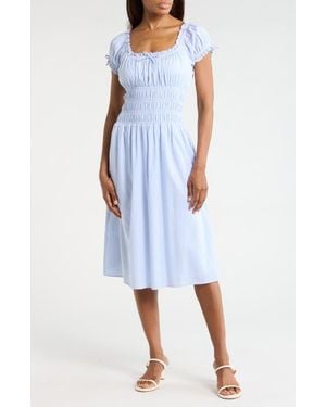 Wayf Shirred Cotton Midi Dress - Blue