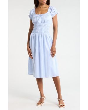 Wayf Shirred Cotton Midi Dress - Blue