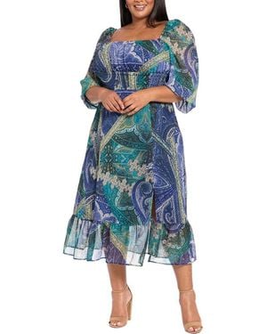 London Times Square Neck Long Sleeve Maxi Dress - Blue