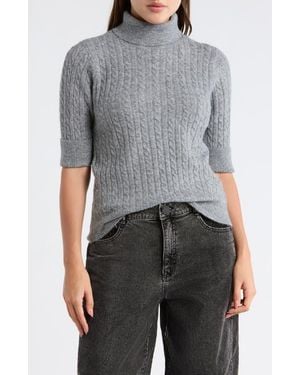 Democracy Cable Knit Elbow Sleeve Turtleneck Sweater - Gray