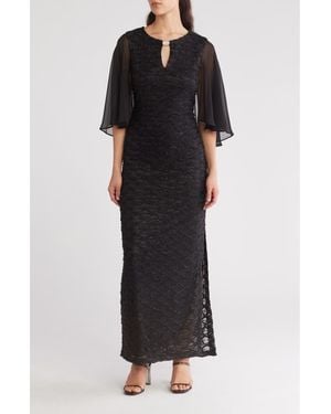 Connected Apparel Cape Sleeve Rhinestone Gown - Black