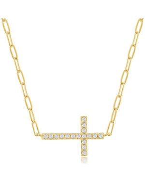 Simona Goldtone Plated Sterling Cubic Zirconia Sideways Cross Necklace - Metallic